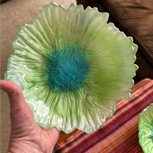 Ombré Pearl Green and Blue Glass Flower Plates bowl shape (2) Akcam Turkey